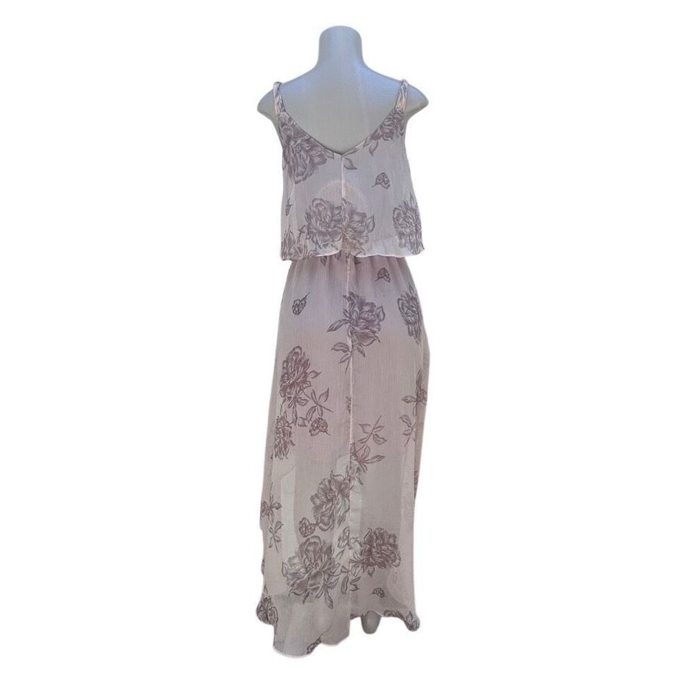 Love21 Popover High Low Dress Women's Medium Pink Taupe Floral Chiffon V-neck - Picture 8 of 14